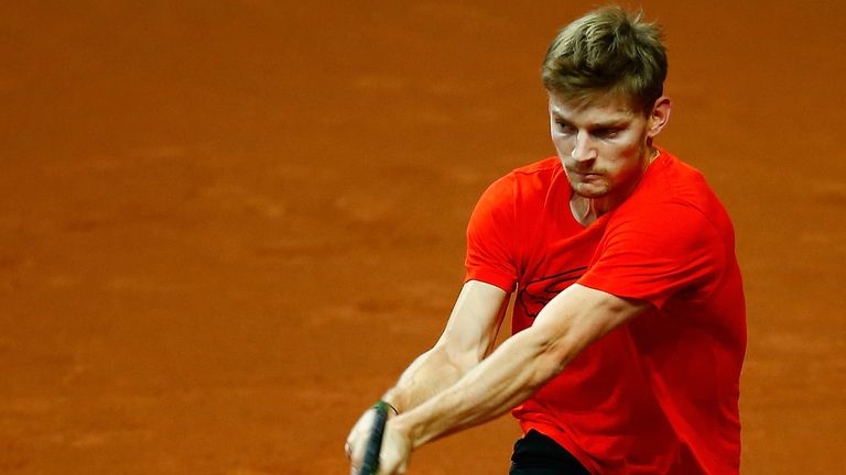 David Goffin of Belgium plays a backhand during a practice session ahead of the Davis Cup final