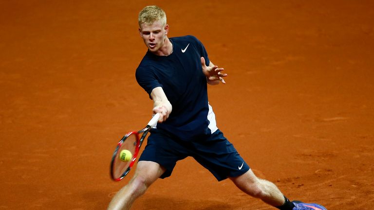Kyle Edmund of Great Britain plays a forehand during a practice session at Flanders Expo ahead of the Davis Cup final
