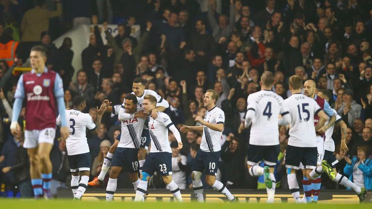 Mousa Dembele of Tottenham Hotspur is mobbed by team mates as he celebrates scoring their first goal v Aston Villa, Premier League