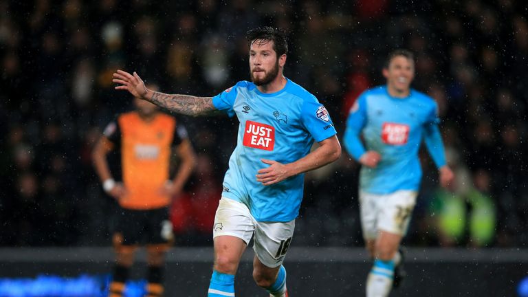 Derby County's Jacob Butterfield (centre) celebrates scoring v Hull City during the Sky Bet Championship match at the KC Stadium, Hull