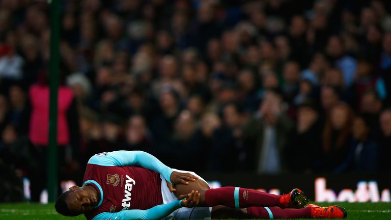 Diafra Sakho of West Ham is injured during the game against West Brom