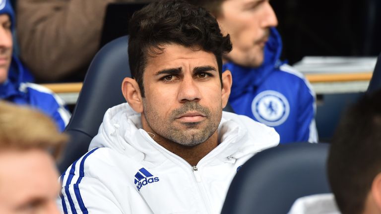 Chelsea's Brazilian-born Spanish striker Diego Costa sits on the bench before the English Premier League football 