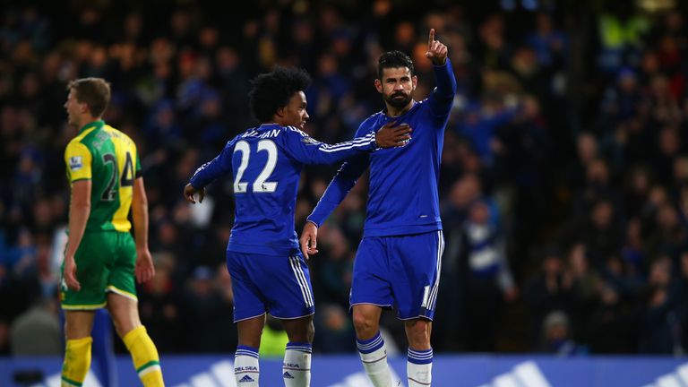 Diego Costa of Chelsea celebrates scoring his team's first goal against Norwich.