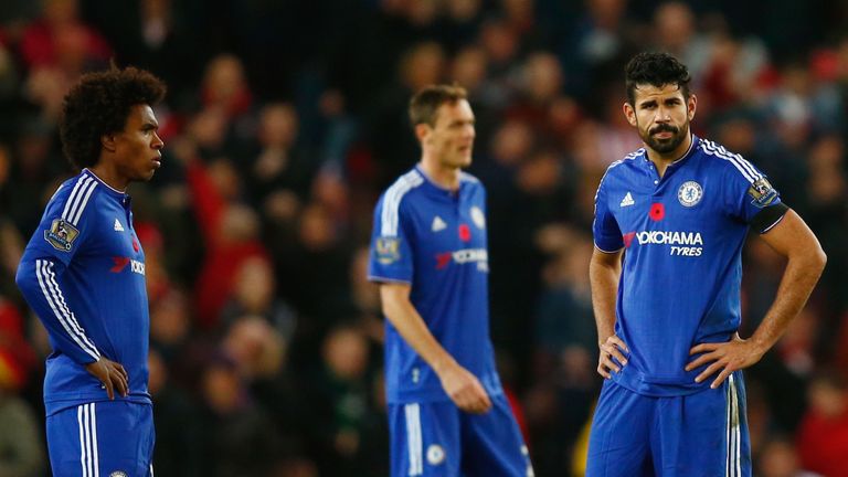 Willian (L) and Diego Costa (R) of Chelsea show their dejection after conceding the first goal to Stoke City during