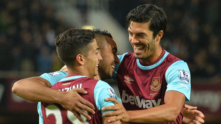 West Ham United's Dimitri Payet, Manuel Lanzini and James Tomkins celebrate the second goal against Newcastle in September 2015