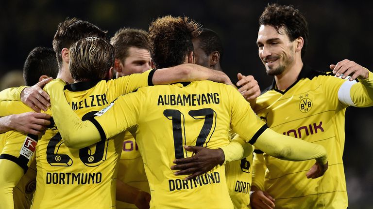 Dortmund players celebrate following Pierre-Emerick Aubameyang's goal