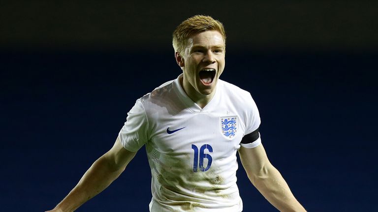 England's Duncan Watmore celebrates scoring the second goal during the UEFA European Under 21 Championship qualifying match at the Amex Stadium, Brighton.