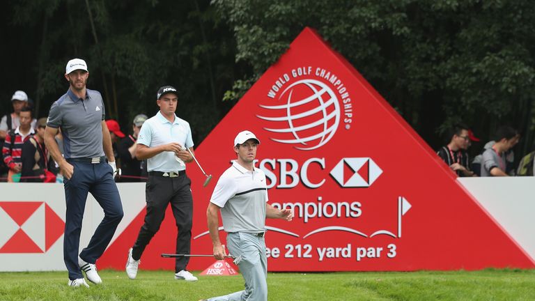 SHANGHAI, CHINA - NOVEMBER 05:  (L-R) Dustin Johnson of the USA,  Rickie Fowler of the USA and Rory McIlroy of Northern Ireland walk together on the 17th h