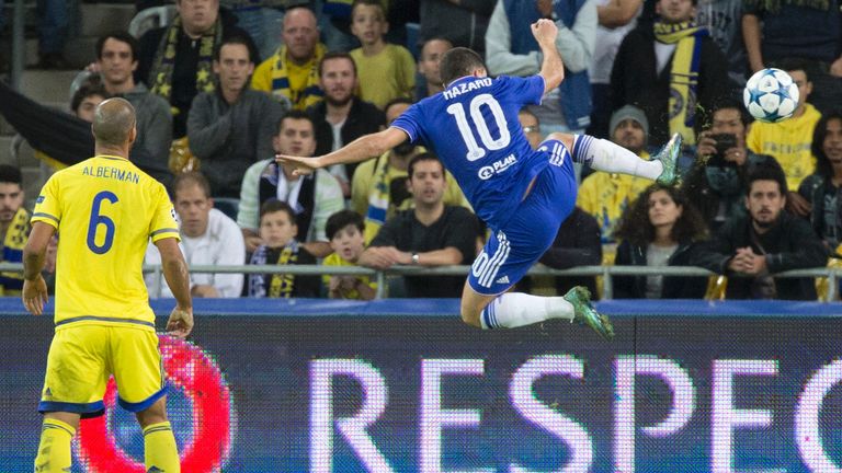 Maccabi Tel Aviv's Gal Alberman (L) watches on as Chelsea's Eden Hazard jumps for the ball