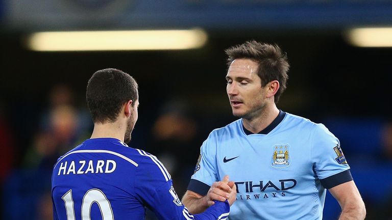 Eden Hazard of Chelsea shakes hands with Frank Lampard of Manchester City after  the Barclays Premier League match at Stamford Bridge on January 31, 2015