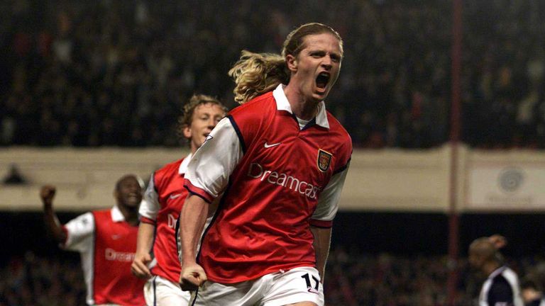 2 May 2000:  Emmanuel Petit of Arsenal celebrates scoring the winning goal in the last minute during the match between Arsenal and West Ham United in the F