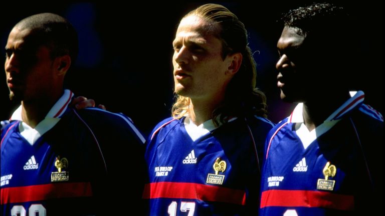 28 Jun 1998:  (L to R) David Trezeguet, Emmanuel Petit and Marcel Desailly of France line up for the National Anthem before the World Cup second round matc