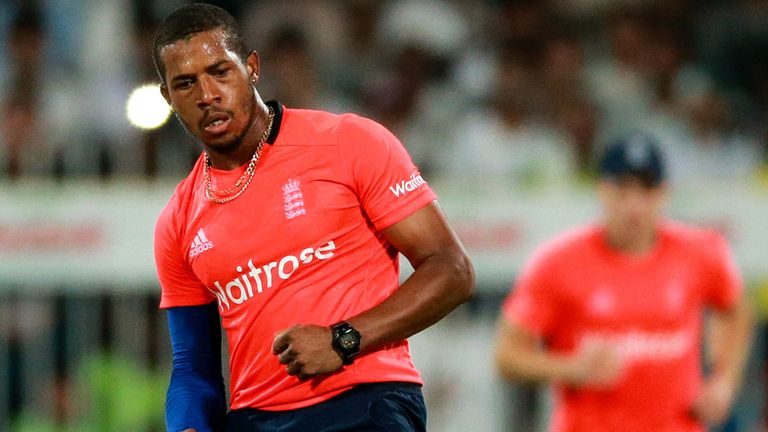 Chris Jordan of England celebrates bowling Umar Akmal of Pakistan during the 3rd International T20