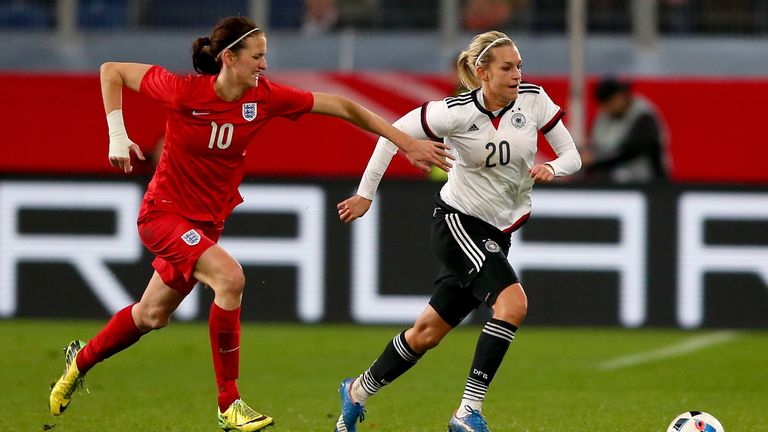 (L-R) Jill Scott of England challenges Lena Goessling of Germany
