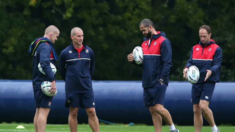BAGSHOT, ENGLAND - OCTOBER 06:  (L-R) The England management team of Graham Rowntree, forwards coach, head coach Stuart Lancaster, backs coach Andy Farrell