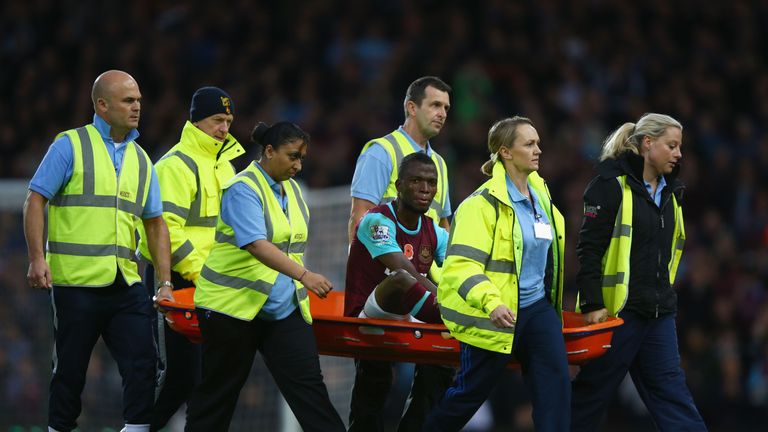 Enner Valencia of West Ham United is taken off by a stretcher during the Barclays Premier League match against Everton