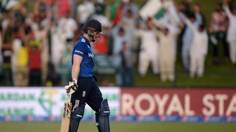 England captain Eoin Morgan leaves the field after being dismissed by Shoaib Malik of Pakistan during the 1st ODI at Zayed Cricket Stadium in Abu Dhabi