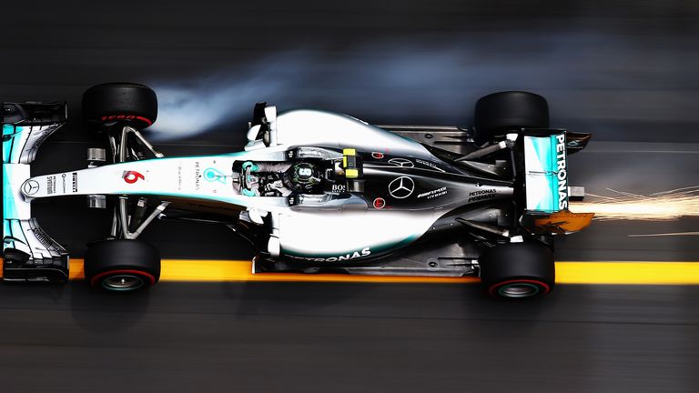 The view from above: The Mercedes of Nico Rosberg sparks up during practice at Monaco - Picture Mark Thompson, Getty Images