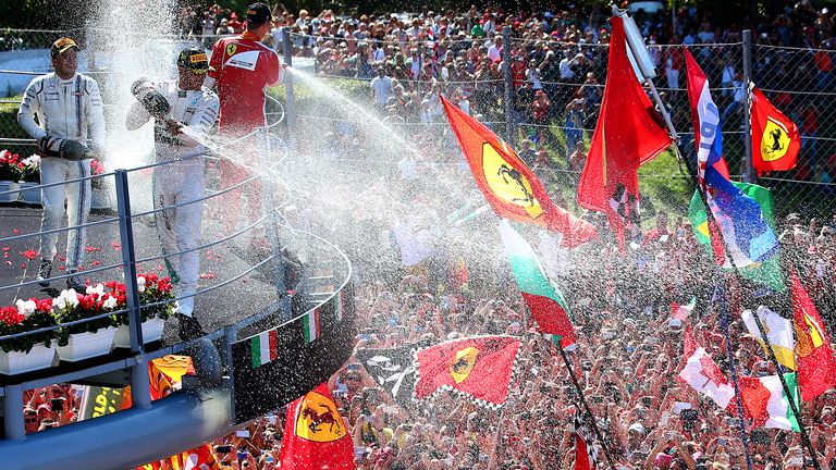 A sea of Tifosi: Lewis Hamilton, Sebastian Vettel and Felipe Massa celebrate on the Italian GP podium - Picture by Mark Thompson, Getty Images