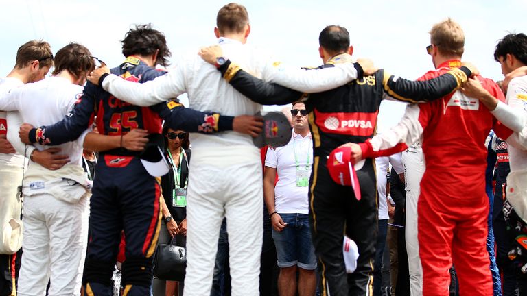 The remembrance: Ahead of the Hungarian GP, the drivers pay their respects to Jules Bianchi following his passing - Picture by Dan Istitene, Getty Images