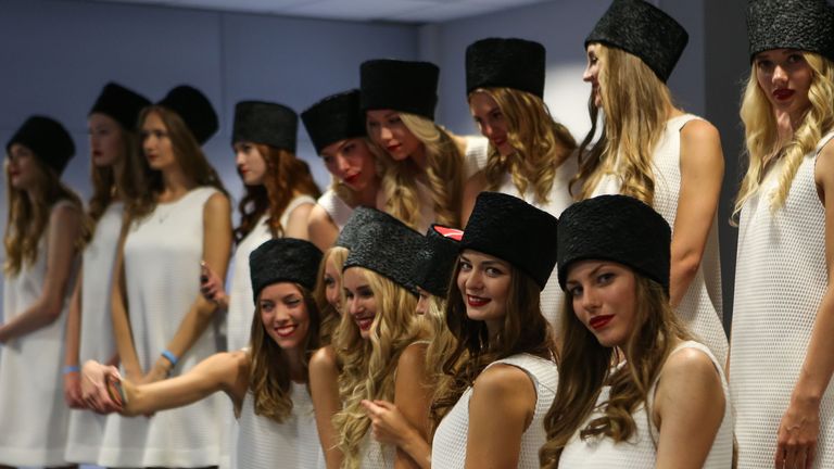Girl power: The Russian GP grid girls invade the post-race press conference - Picture by Sutton Images