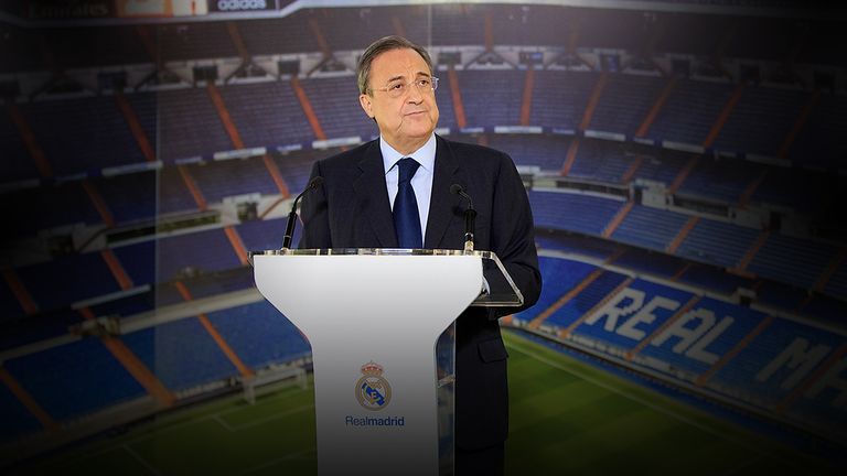 Real Madrid president Florentino Perez speaks to the media