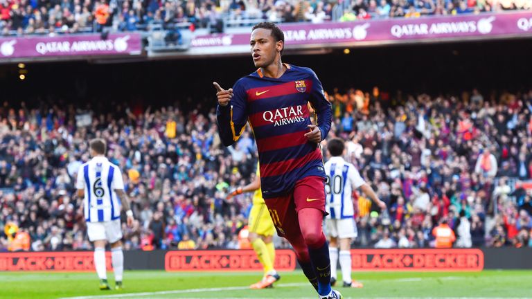 Neymar celebrates after scoring the opening goal during the La Liga match between Barcelona and Real Sociedad