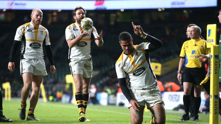 Frank Halai of Wasps celebrates after scoring