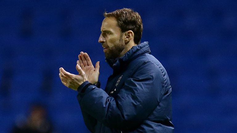 England Under-21s manager Gareth Southgate encourages his players against Switzerland in Brighton