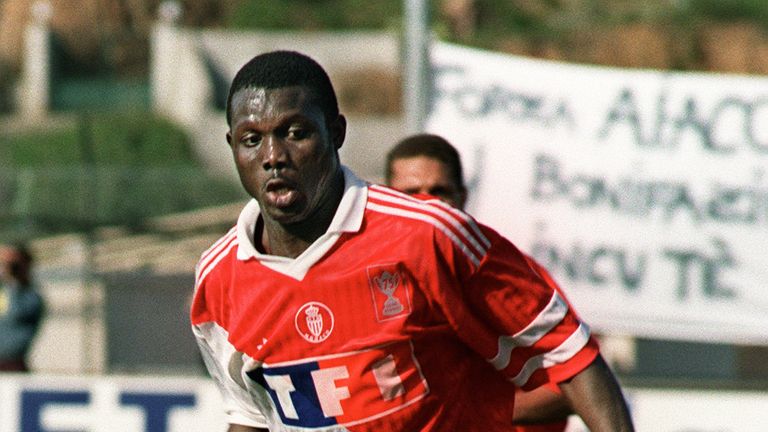 AJACCIO, FRANCE - APRIL 22:  Monaco's Liberian forward George Weah runs with the ball during the French Cup quarterfinal soccer match between Ajaccio and M