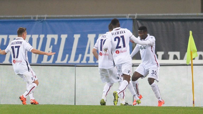 Godfred Donsa (R) of Bologna FC celebrates with his team mate's after scoring his team's second goal during the Serie A