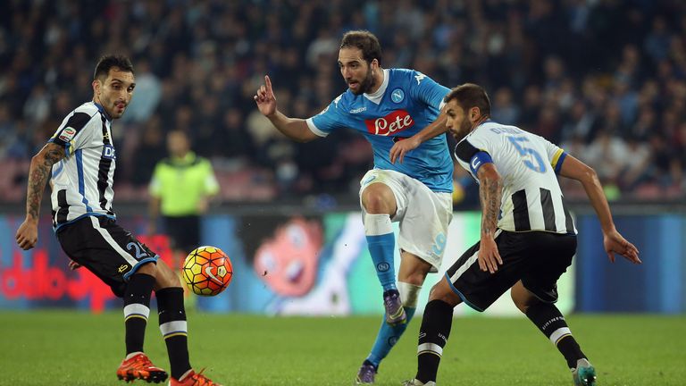 Gonzalo Higuain (C) of Napoli competes for the ball with Francesco Lodi (L) and Danilo of Udinese.