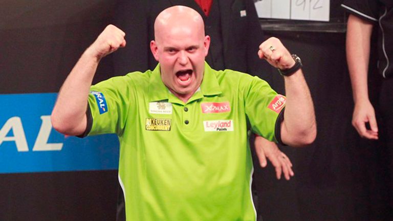 Michael van Gerwen celebrates winning his  second-round match at the Grand Slam of Darts (Pic: Lawrence Lustig)