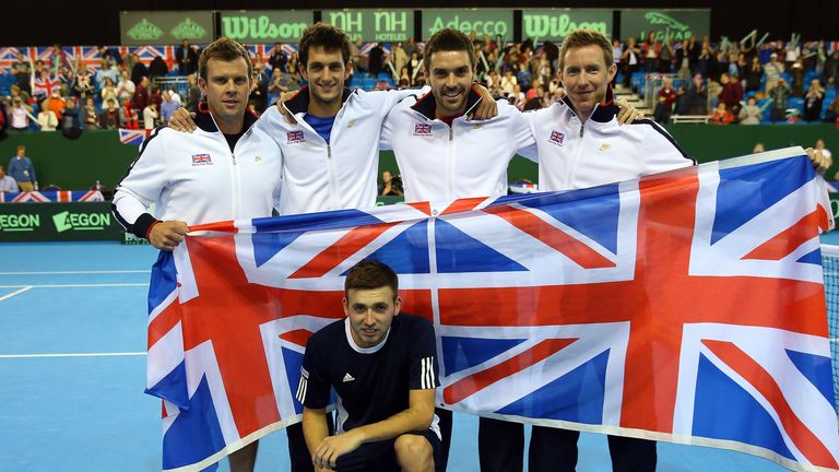 Great Britain's Leon Smith, James Ward, Colin Fleming, Jonathan Marray and Dan Evans (front) celebrate beating Russia in the Davis Cup in 2013