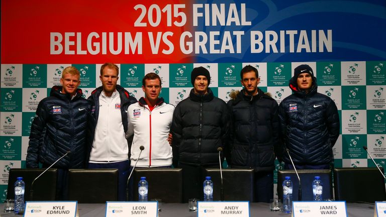 The Great Britain team of (from L-R) Kyle Edmund,  Dom Inglot, captain Leon Smith, Andy Murray, James Ward and Jamie Murray
