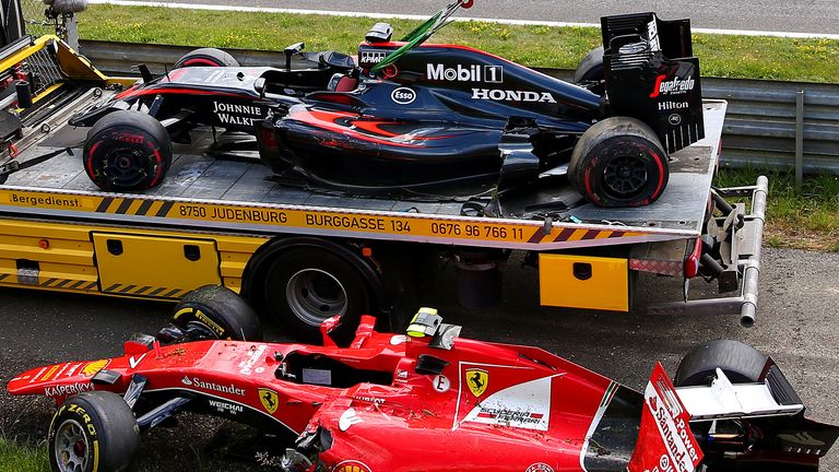 Two into one: The crashed cars of Fernando Alonso and Kimi Raikkonen at the Austrian GP - Picture by Dan Istitene, Getty Images