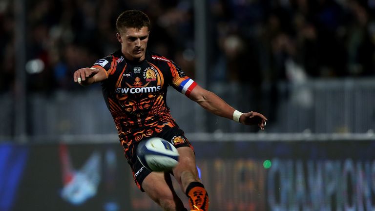 Henry Slade of Exeter kicks a conversion during the Champions Cup match between Exeter Chiefs and Bordeaux-Begles