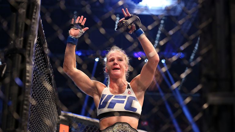 MELBOURNE, AUSTRALIA - NOVEMBER 15:  Holly Holm of the United States celebrates victory over Ronda Rousey of the United States in their UFC women's bantamw