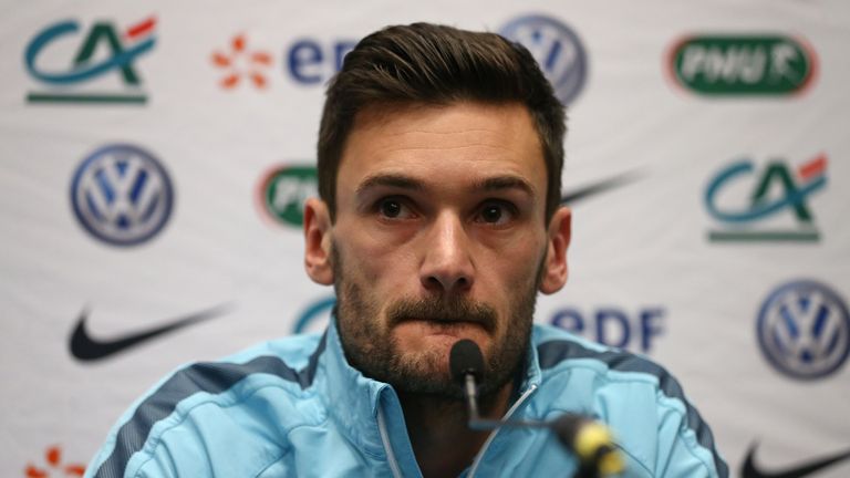 Hugo Lloris attends a press conference at Wembley stadium on November 16, 2015, ahead of their friendly between France and England 