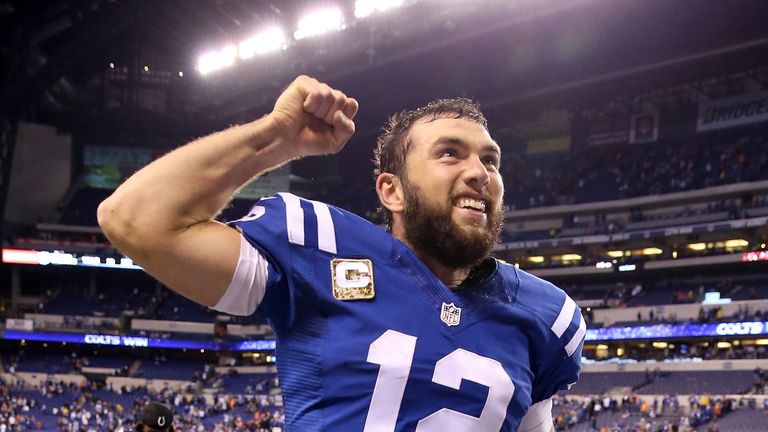 Andrew Luck of the Indianapolis Colts celebrates their 27-24 win over the Denver Broncos