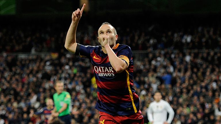 MADRID, SPAIN - NOVEMBER 21:  Andres Iniesta  of FC Barcelona celebrates after scoring his team's 3rd goal during the La Liga match between Real Madrid and