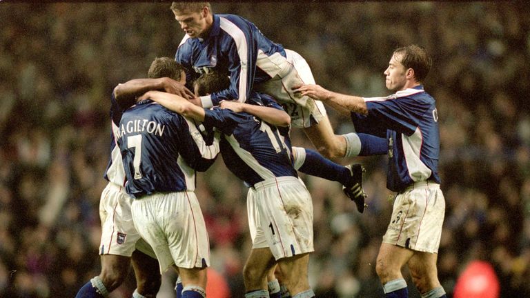 Ipswich Town celebrate during the FA Carling Premiership match against Liverpool played at Anfield, in Liverpool, England in December 2000