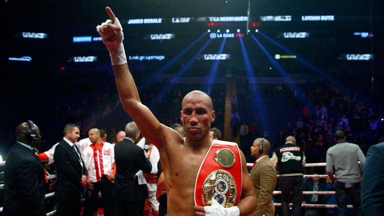 QUEBEC CITY, QC - NOVEMBER 29: James Degale of England celebrates after defeating Lucian Bute of Canada during their IBF super-middleweight championship