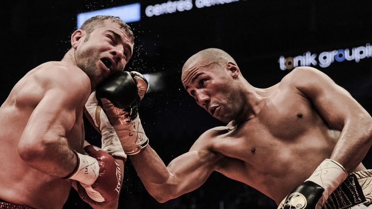 James DeGale lands a right hook on Lucian Bute (Pic Amanda Westcott/SHOWTIME) 