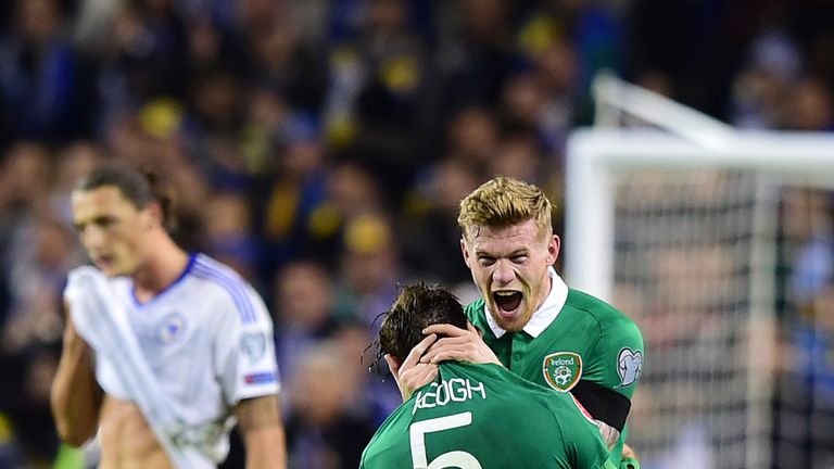 James McClean celebrate's Ireland's qualification for Euro 2016 with team-mate Richard Keogh