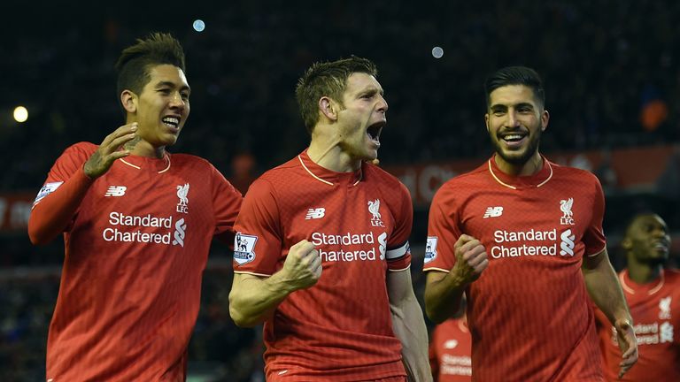 Liverpool's James Milner (centre) celebrates his goal with Roberto Firmino (left) and Emre Can