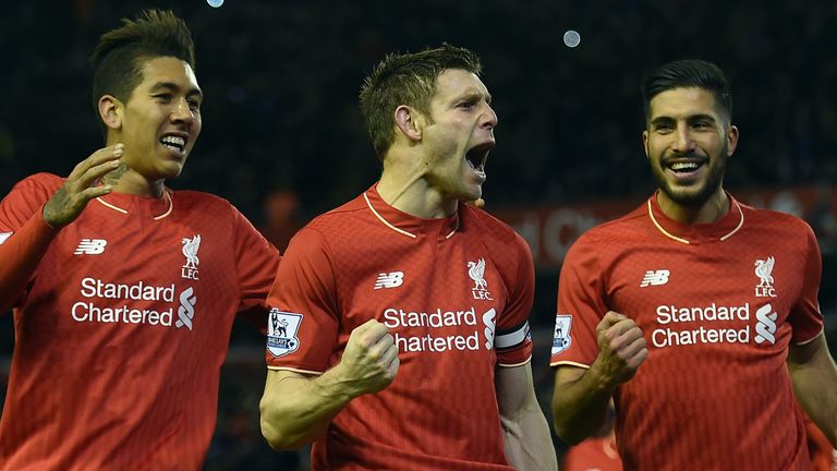 James Milner celebrates after scoring from the penalty spot for Liverpool