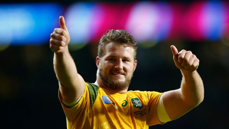 ames Slipper of Australia celebrates victory after the 2015 Rugby World Cup Pool A match between Australia and Wales