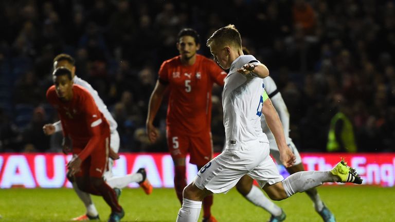 BRIGHTON, ENGLAND - NOVEMBER 16:  James Ward-Prowse of England scores from the penalty spot during a European Under 21 Qualifier between England U21 and Sw