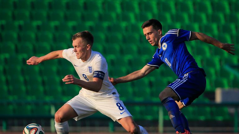 James Ward-Prowse (L) of England in action against Armin Cerimagic (R) of Bosnia during the European Under 21 Championship qualifier